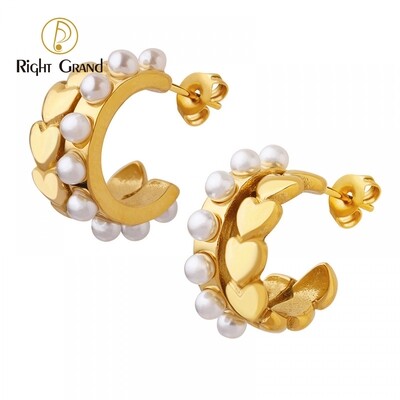 Right Grand Vintage Jewelry Stainless Steel Gold Plated Heart Shape Bridal Imitation Pearl Hoop Earrings For Women