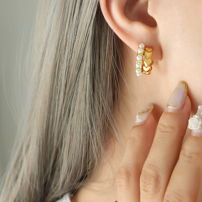 Right Grand Vintage Jewelry Stainless Steel Gold Plated Heart Shape Bridal Imitation Pearl Hoop Earrings For Women