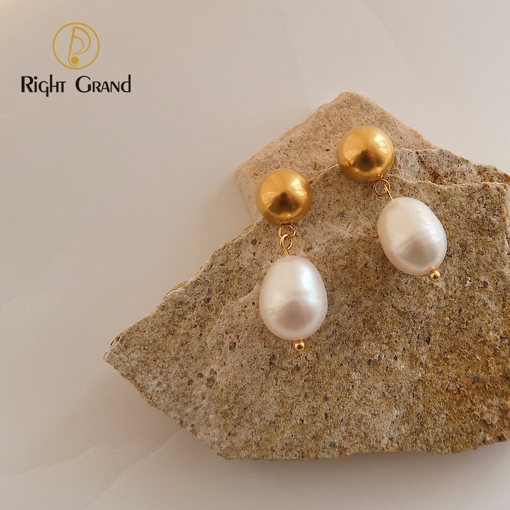 Right Grand Trend Women Fashion Jewelry Elegant Ladies Stainless Steel Drop Natural Freshwater Gold Pearl Earrings