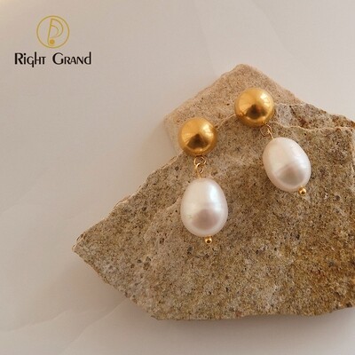 Right Grand Trend Women Fashion Jewelry Elegant Ladies Stainless Steel Drop Natural Freshwater Gold Pearl Earrings