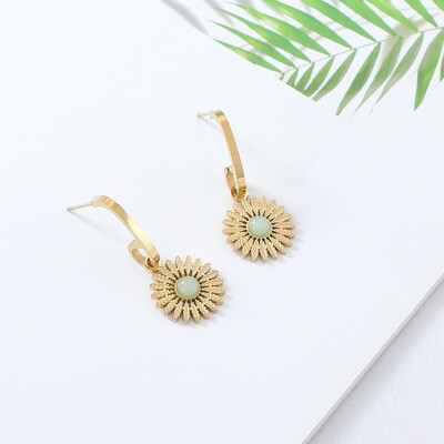 Right Grand New Vintage Elegant Women Jewelry Stainless Steel Gold Plated Sunflower Drop Natural Stone Earrings