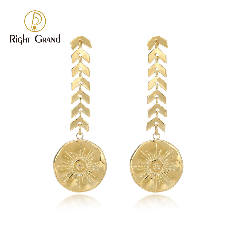Right Grand Retro Women Jewelry Accessories Gold Plated Stainless Steel Vintage Long Disc Eye Dangle Drop Earrings