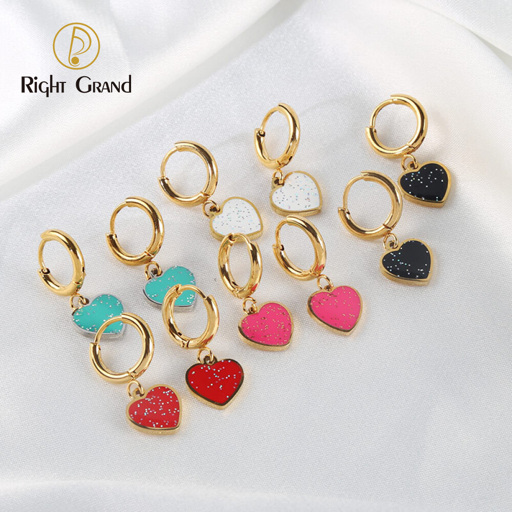 Right Grand Vintage Girls Women Jewelry Stainless Steel Gold Plated Huggie Oil Drip Colourful Enamel Heart Drop Earrings