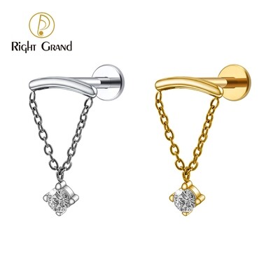 Right Grand ASTM F136 Titanium 16G Round CZ Dangle Hidden Helix Rook Piercing Chain Curved Barbell Stud Earring