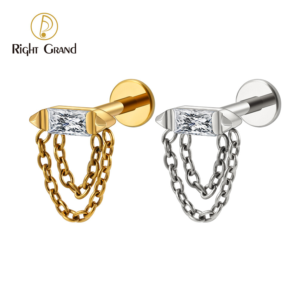Right Grand ASTM F136 Titanium 16G Internal Thread Baguette CZ Bar Double Chain Tassel Stud Earring Cartilage Helix Flat Back Piercing