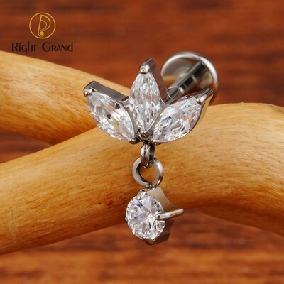 Right Grand ASTM F136 Titanium 16G Internal Thread Three Marquises with CZ Dangle Cartilage Helix Tragus Piercing Flower Flat Back Earring
