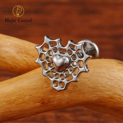 Right Grand ASTM F136 Titanium 16G Internal Thread Spider Web Heart Flat Back Earring Cartilage Helix Tragus Conch Monroe Medusa Labret Piercing