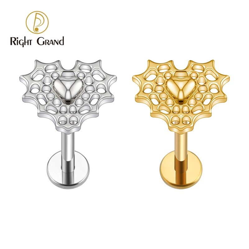 Right Grand ASTM F136 Titanium 16G Internal Thread Spider Web Heart Flat Back Earring Cartilage Helix Tragus Conch Monroe Medusa Labret Piercing