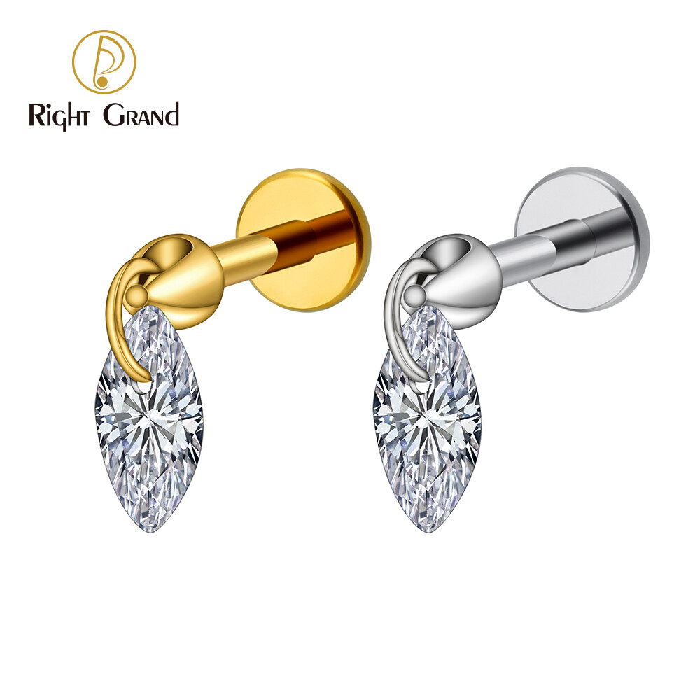 Right Grand ASTM F136 Titanium 16G Floating Marquise CZ Dangle Charm Lip Stud Earring Tragus Cartilage Helix Flat Back Piercing