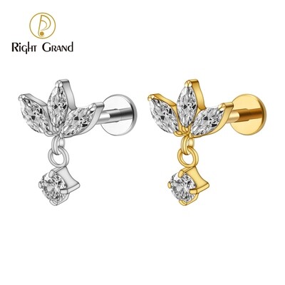 Right Grand ASTM F136 Titanium 16G Internal Thread Three Marquises with CZ Dangle Cartilage Helix Tragus Piercing Flower Flat Back Earring