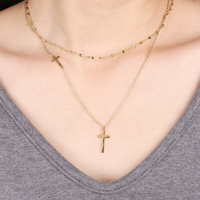 Right Grand Non Tarnish Fashion Women Jewelry Double Layered Chain Stainless Steel 18K Gold Cross Pendant Necklace