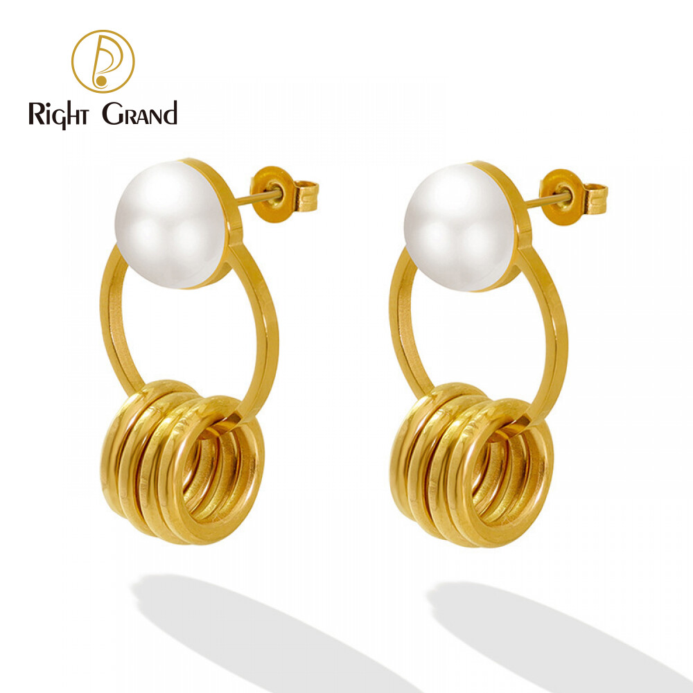 Right Grand Fashion Jewelry Stylish Stainless Steel Double Loop Pendant Drop 18K Gold Plated Round Imitation Pearl Earrings
