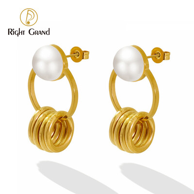 Right Grand Fashion Jewelry Stylish Stainless Steel Double Loop Pendant Drop 18K Gold Plated Round Imitation Pearl Earrings