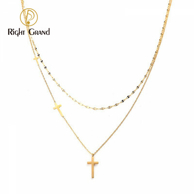 Right Grand Non Tarnish Fashion Women Jewelry Double Layered Chain Stainless Steel 18K Gold Cross Pendant Necklace