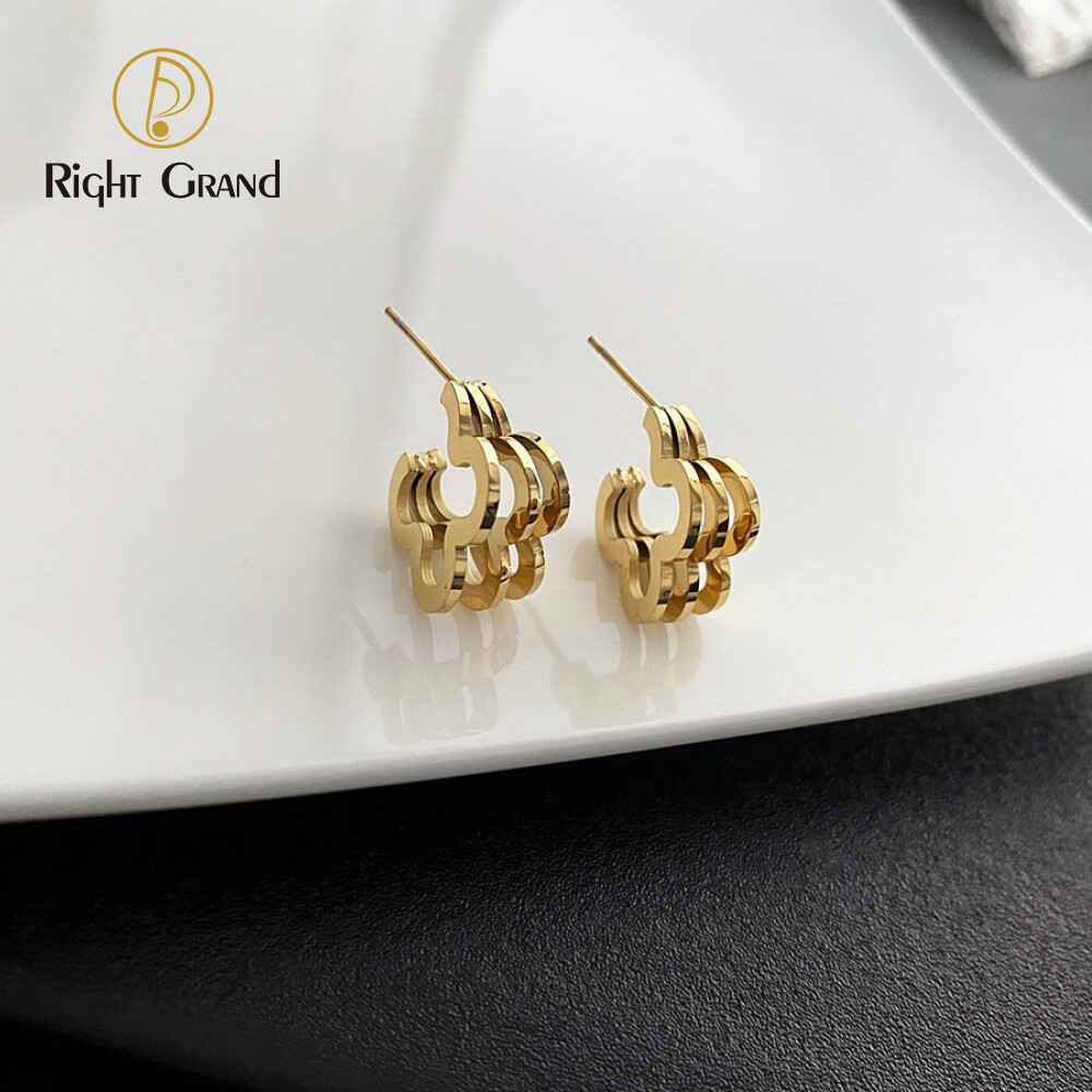 Right Grand New Design Women Fashion Jewelry Unique Triple Flower Shaped Gold Statement Stainless Steel Earrings