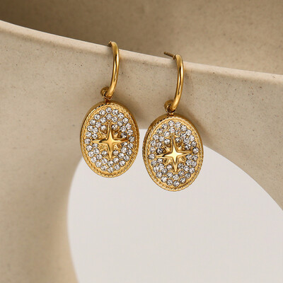 Right Grand Vintage Luxury Women Jewelry Accessories Stainless Steel Full Diamond Reinhstone Star 18K Drop Earrings