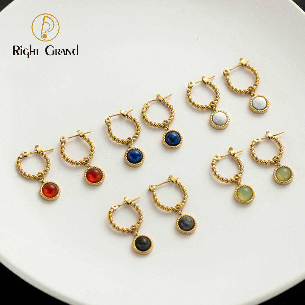 Right Grand Wholesale Vintage Women Jewelry Stainless Steel Twisted Hoop Gold Plated Dangle Drop Natural Stone Earrings