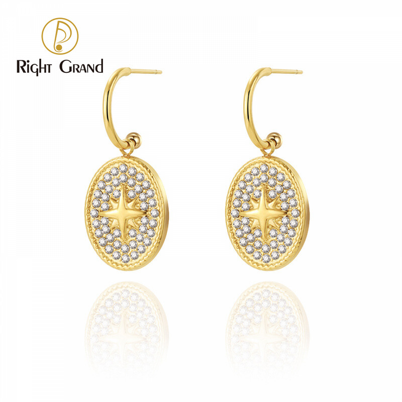 Right Grand Vintage Luxury Women Jewelry Accessories Stainless Steel Full Diamond Reinhstone Star 18K Drop Earrings