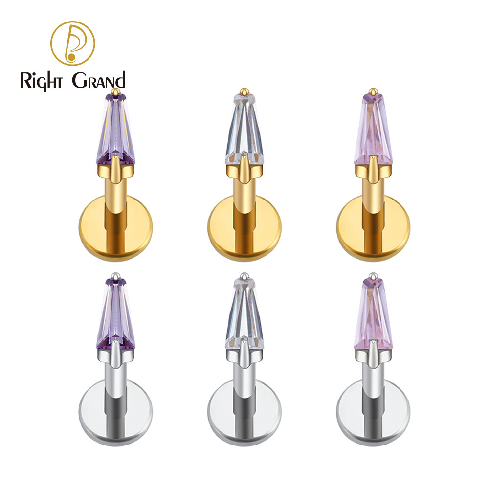 Right Grand ASTM F136 Titanium 16G Internal Thread Trapezoid CZ Labret Stud Earring Geometric Tragus Helix Cartilage Ear Lobe Piercing