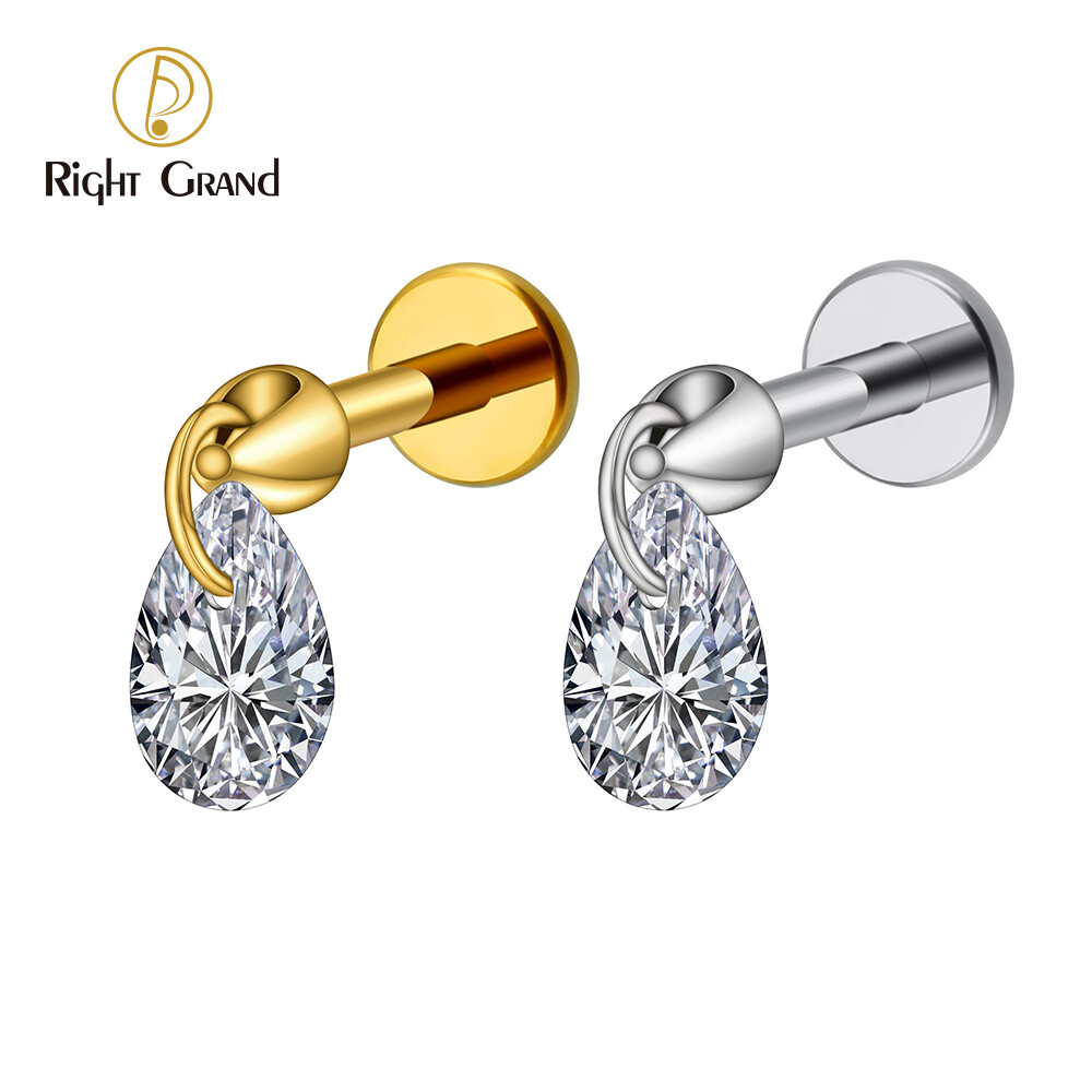 Right Grand ASTM F136 Titanium 16G Floating Pear Waterdrop CZ Dangle Charm Stud Earring Threaded Tragus Cartilage Helix Piercing