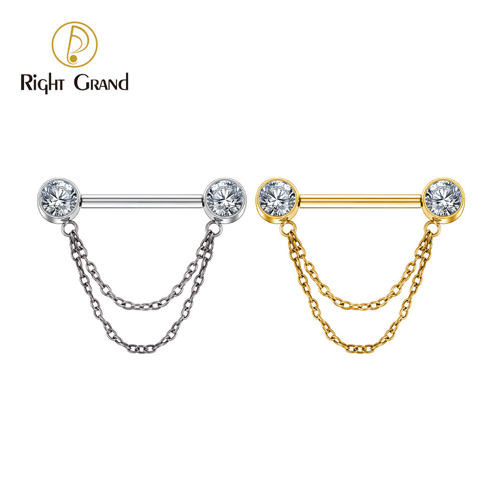 Right Grand ASTM F136 Titanium Double Chain Dangle Sparkle CZ Threadless Nipple Ring 14 Gauge Barbell Piercing