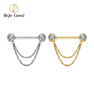 Right Grand ASTM F136 Titanium Double Chain Dangle Sparkle CZ Threadless Nipple Ring 14 Gauge Barbell Piercing
