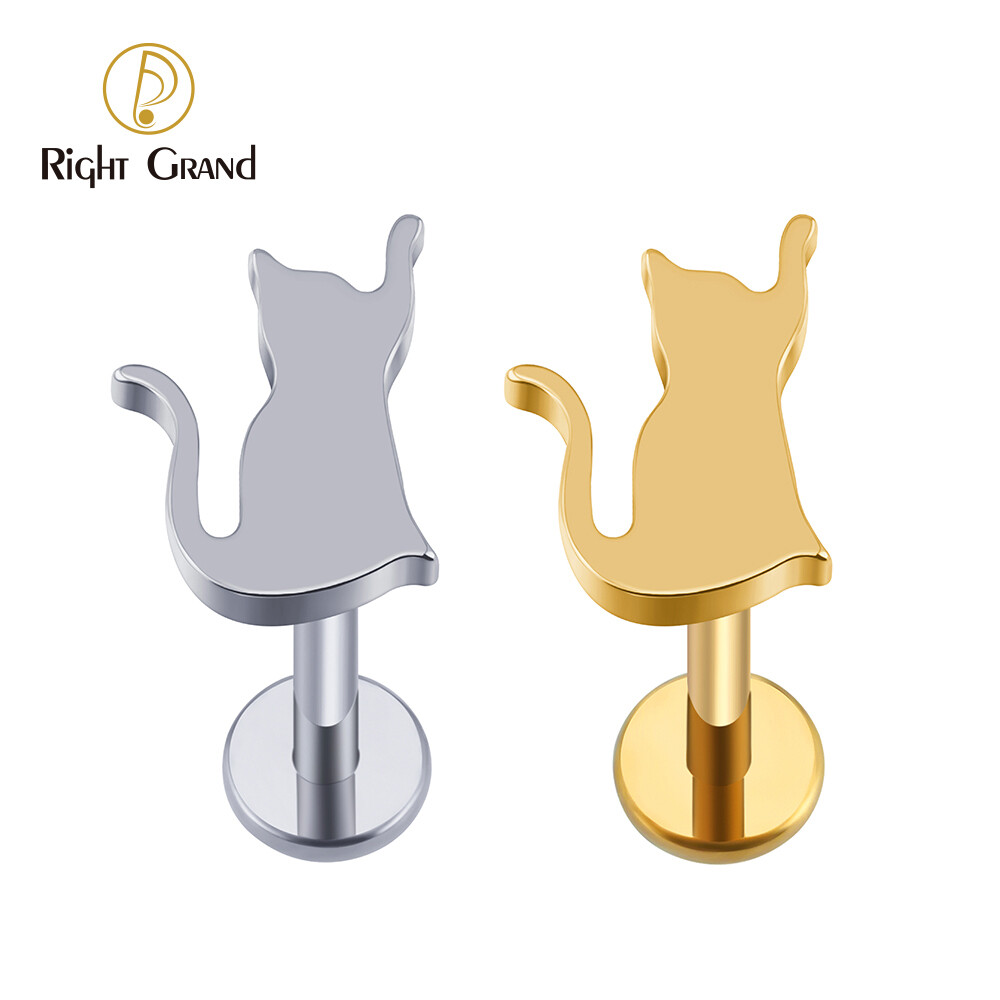Right Grand ASTM F136 Titanium 16G Internal Thread Tiny Sitting Cat Tragus Stud Lip Labret Cartilage Helix Conch Earring Flat Back Piercing