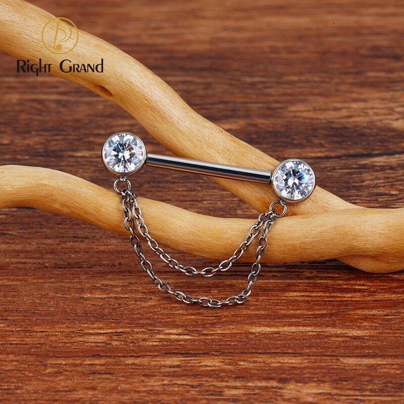 Right Grand ASTM F136 Titanium Double Chain Dangle Sparkle CZ Threadless Nipple Ring 14 Gauge Barbell Piercing