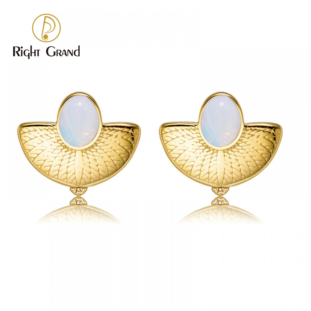 Right Grand Wholesale Stainless Steel Women Jewelry 14K Gold Fanshaped Oval Albumin Natural Stone Stud Earrings