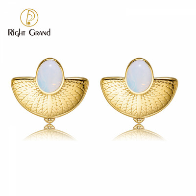 Right Grand Wholesale Stainless Steel Women Jewelry 14K Gold Fanshaped Oval Albumin Natural Stone Stud Earrings