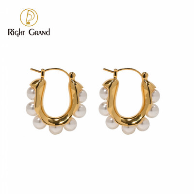Right Grand Fashion New Trend Women Jewelry Stainless Steel Hoop 18K Gold Plated Round Imitation Pearl Earrings