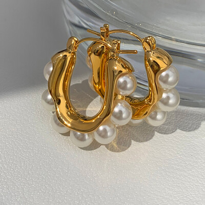 Right Grand Fashion New Trend Women Jewelry Stainless Steel Hoop 18K Gold Plated Round Imitation Pearl Earrings
