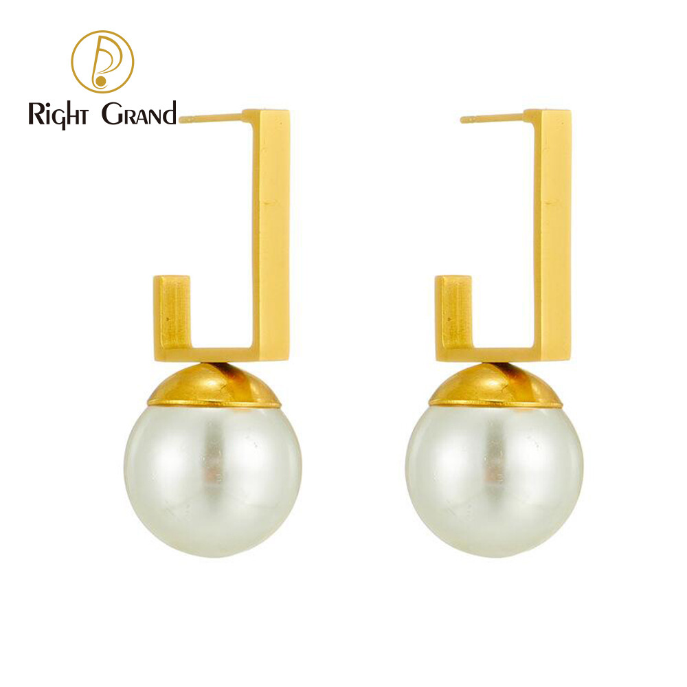 Right Grand Fashion Stainless Steel 18K Gold Plated Big Perle Boucles D&#39;oreilles Tendance Pearl Earrings Women