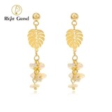 Right Grand Trendy Women Fashion Jewelry 18K Gold Plated Leaves Dangle Drop Stainless Steel Bridal Pearl Earring