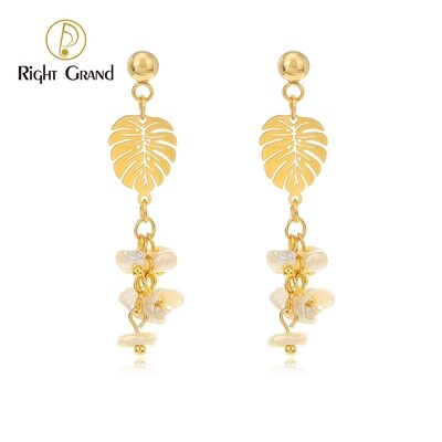 Right Grand Trendy Women Fashion Jewelry 18K Gold Plated Leaves Dangle Drop Stainless Steel Bridal Pearl Earring