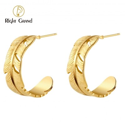 Right Grand Non Tarnish Water Proof Vintage Women Jewelry 2023 Feather Shape 14K Gold Stainless Steel Hoop Earrings