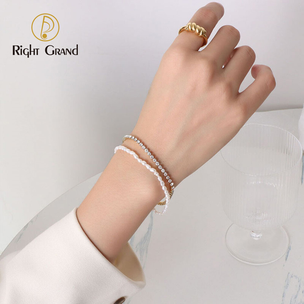 Right Grand Women Fashion Jewelry Stainless Steel CZ Zircon Tennis Freshwater Pearls Multi Layer Bracelets