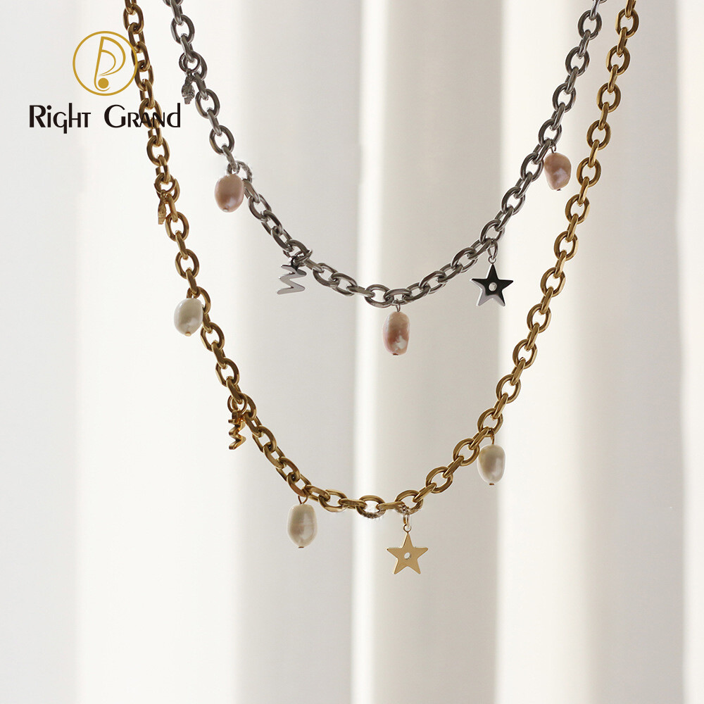 Right Grand Stainless Steel Gold Plated Dangle Star Bee Initial Letter W Charm Chain Freshwater Pearl Necklace Choker