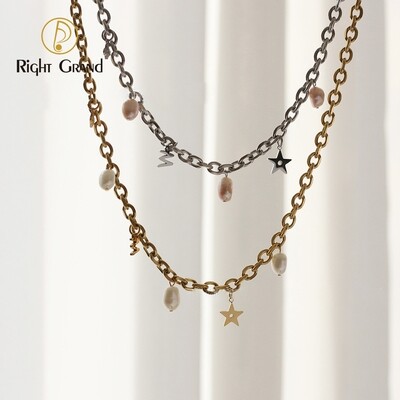 Right Grand Stainless Steel Gold Plated Dangle Star Bee Initial Letter W Charm Chain Freshwater Pearl Necklace Choker