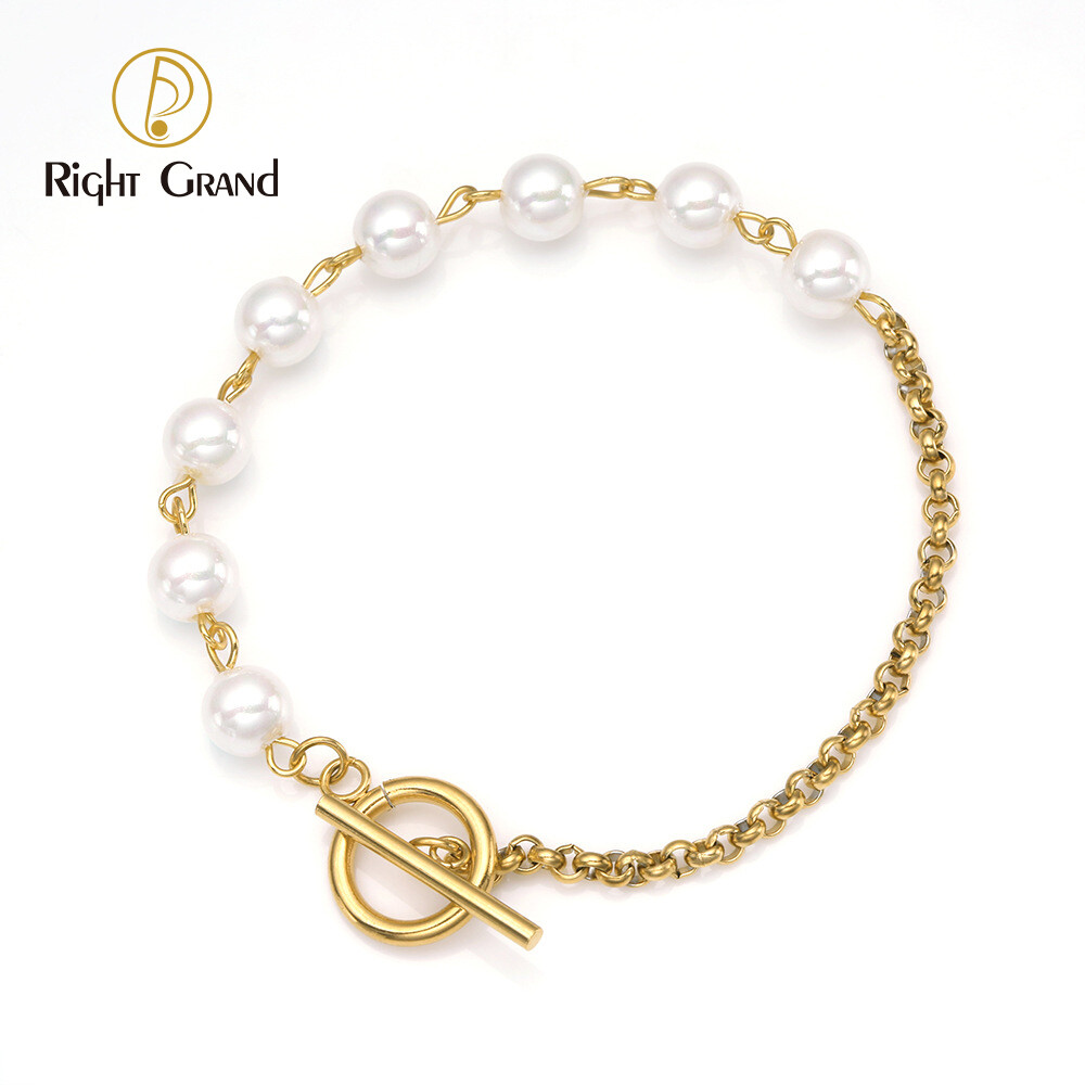 Right Grand Wholesale Fashion Hip Hop Gold Plated OT Thick Chain Women Pearl Stainless Steel Bracelets Women