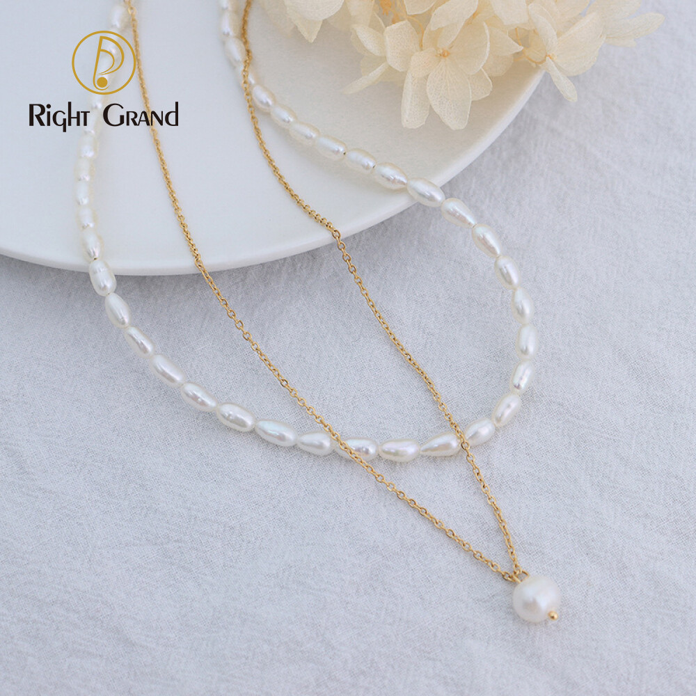 Right Grand Wholesale Elegant Fashion Women Jewelry Layered 18K Stainless Steel Baroque Freshwater Pearl Necklace