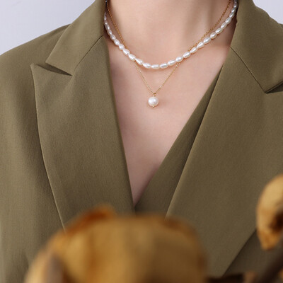 Right Grand Wholesale Elegant Fashion Women Jewelry Layered 18K Stainless Steel Baroque Freshwater Pearl Necklace