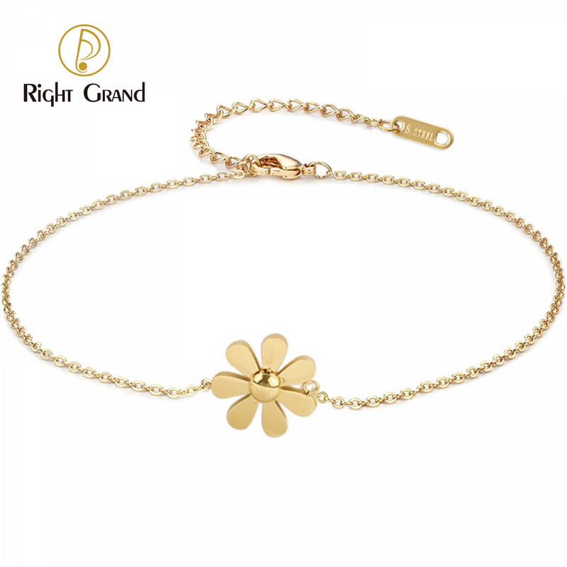 Right Grand Minimalist Summer Fashion Jewelry Gold Plated Stainless Steel Cute Daisy Flower Women Anklets