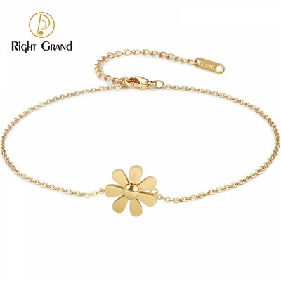 Right Grand Minimalist Summer Fashion Jewelry Gold Plated Stainless Steel Cute Daisy Flower Women Anklets