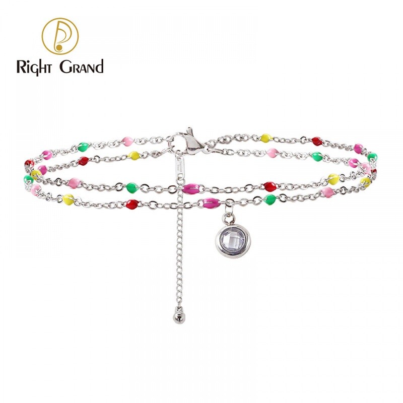 Right Grand Women Jewelry Non Tarnish Layered Stainless Steel Cubic Zirconia Drop Pendant Rice Beaded Boho Beach Anklets