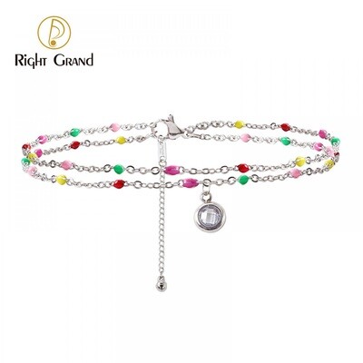 Right Grand Women Jewelry Non Tarnish Layered Stainless Steel Cubic Zirconia Drop Pendant Rice Beaded Boho Beach Anklets