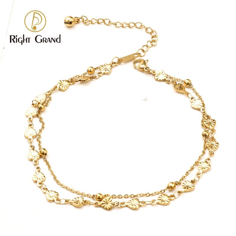 Right Grand Minimalist Cute Fashion Jewelry Double Layer 18K Gold Plated Embossed Heart Stainless Steel Women Anklets