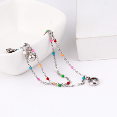 Right Grand Women Jewelry Non Tarnish Layered Stainless Steel Cubic Zirconia Drop Pendant Rice Beaded Boho Beach Anklets
