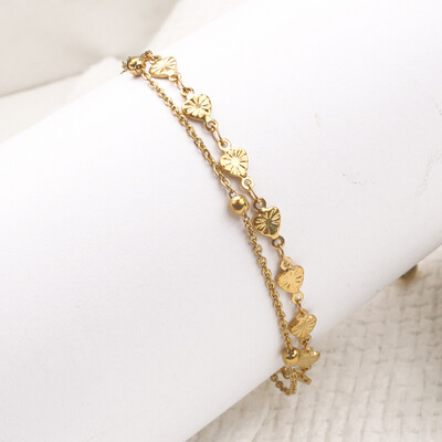 Right Grand Minimalist Cute Fashion Jewelry Double Layer 18K Gold Plated Embossed Heart Stainless Steel Women Anklets