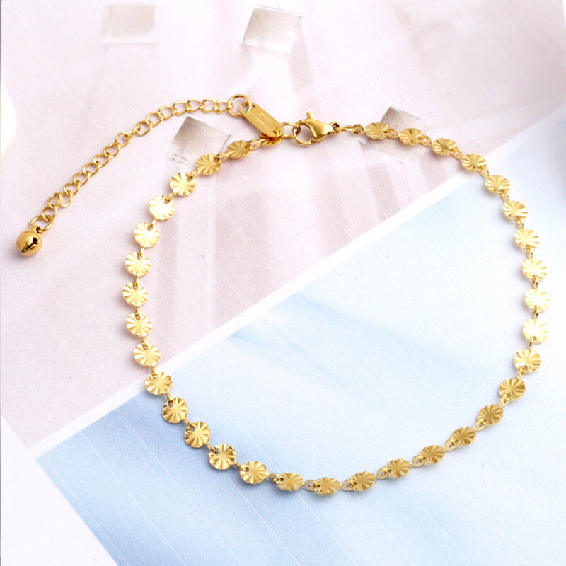 Right Grand Minimalist Summer Beach Fashion Jewelry 18K Gold Embossed Flower Bell Tail Stainless Steel Women Anklets